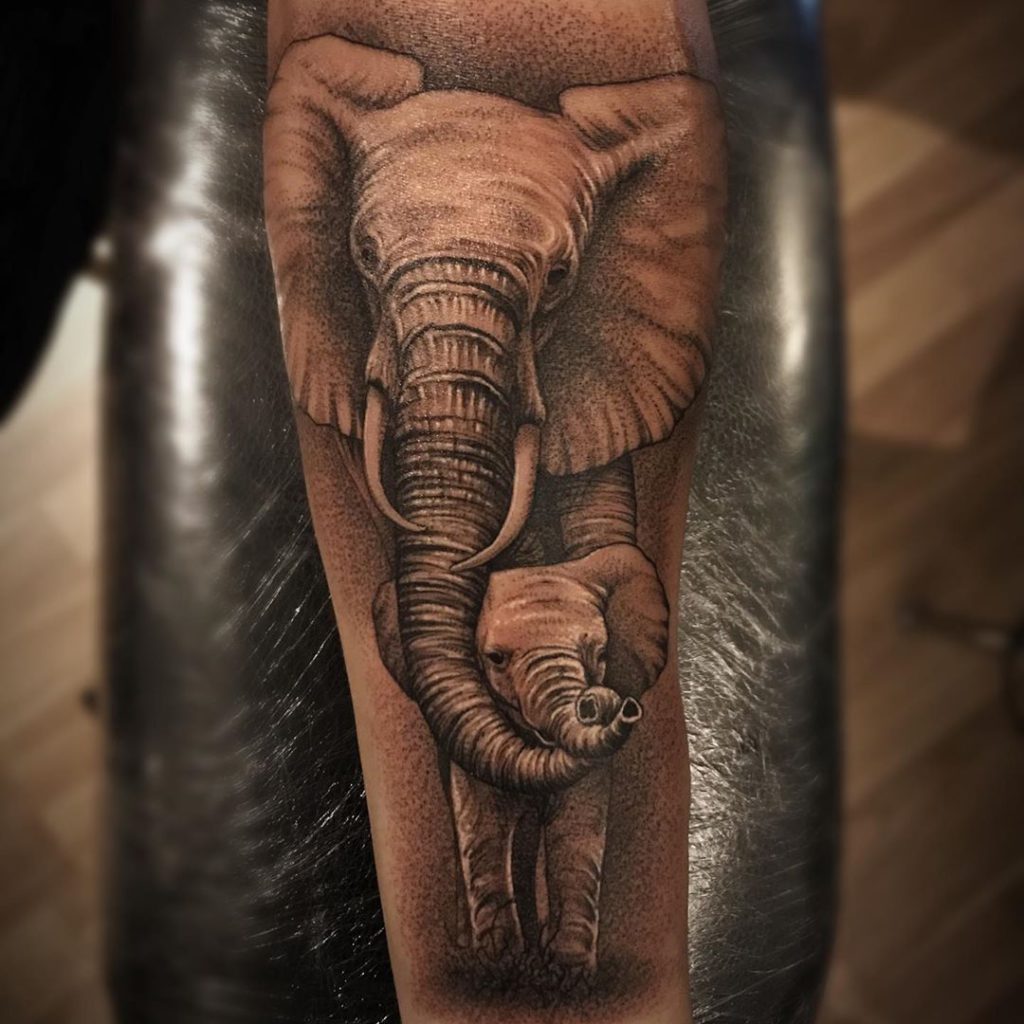 Animal Elephant Baby Elephant tattoo - Black and Grey style by Willy Grattan