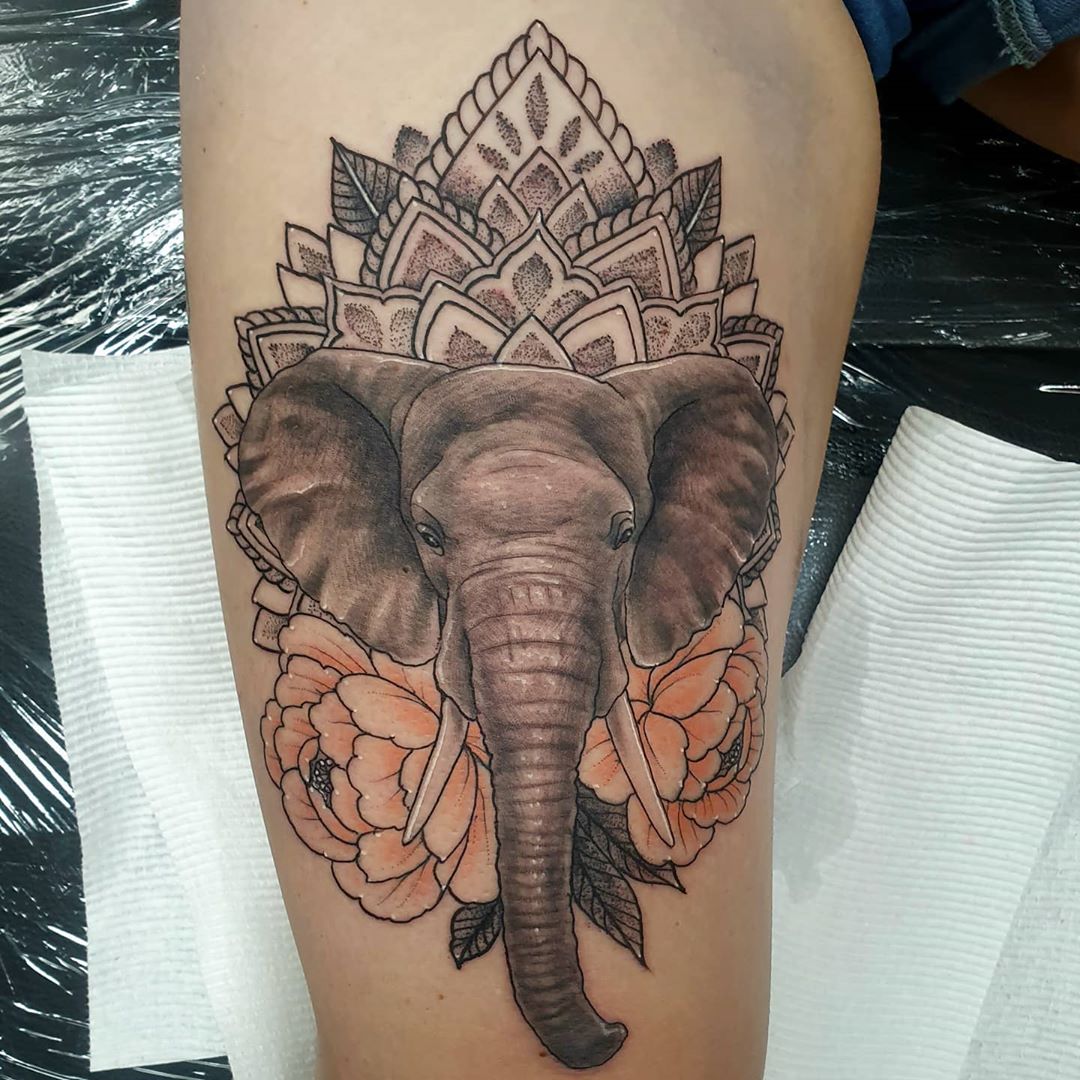 Realistic Elephant With a Mandala and Peonies Tattoo