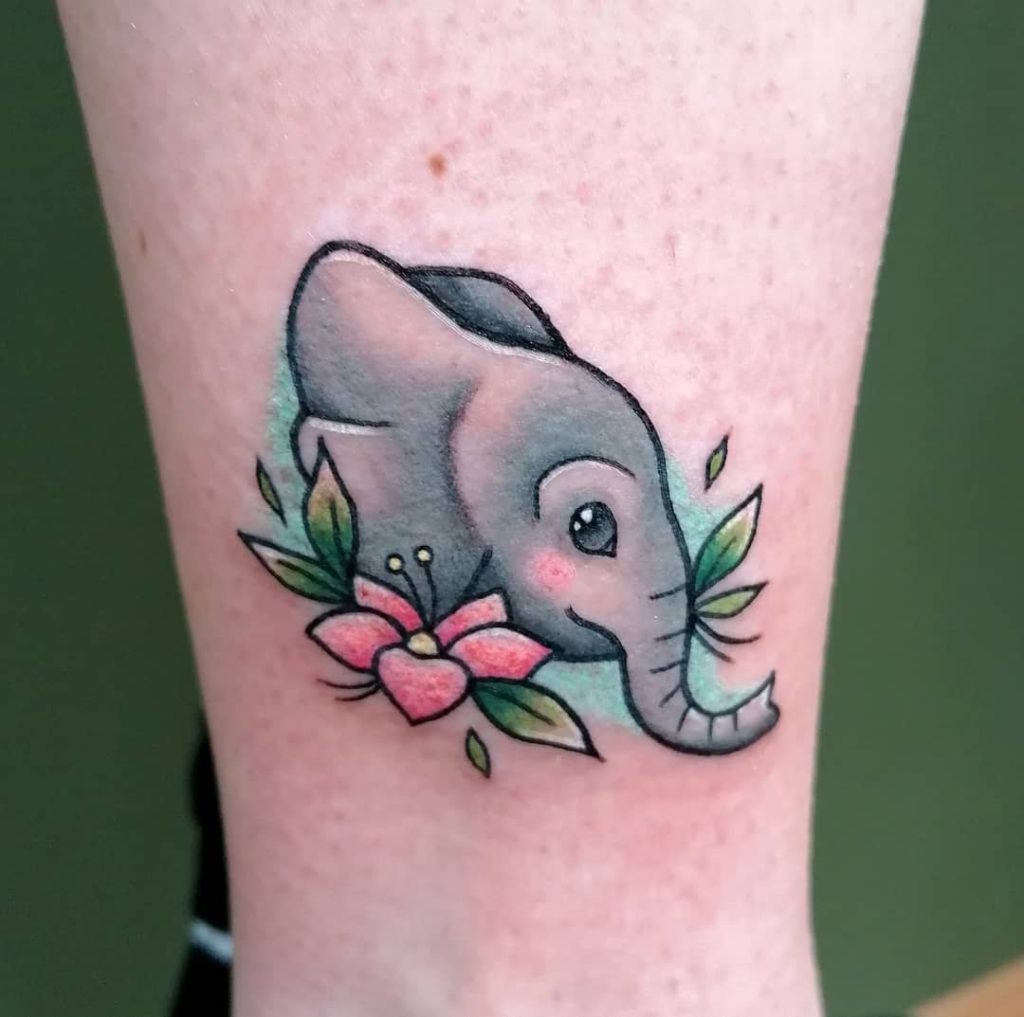 Animal Elephant tattoo on Ankle - Color style by Katja