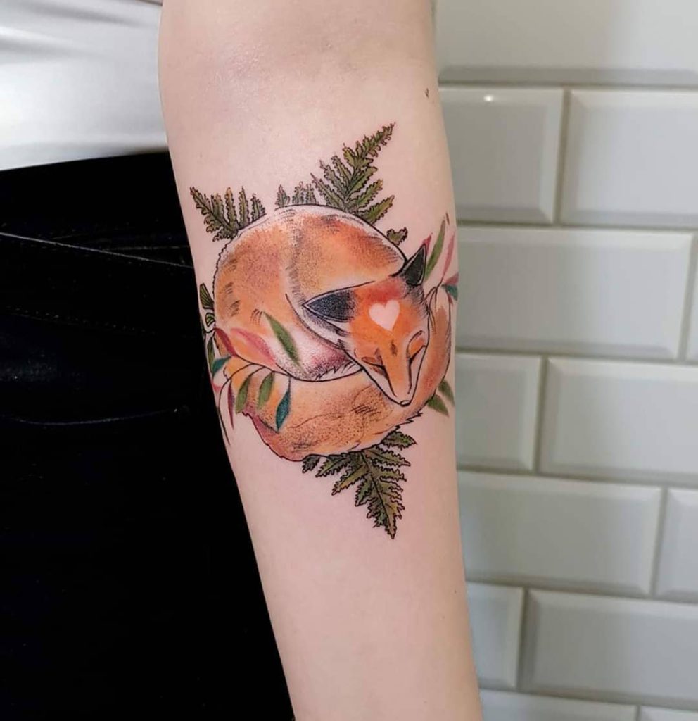 Animal Fox tattoo on Forearm (inner) - Color style by Lidia la rose