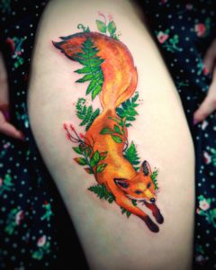 Animal Fox tattoo on Thigh - Color style by Ewa Czub