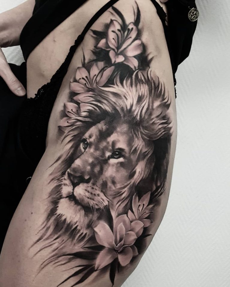 Animal Lion Floral tattoo on Thigh (side) - Black and Grey style by m.k.a.