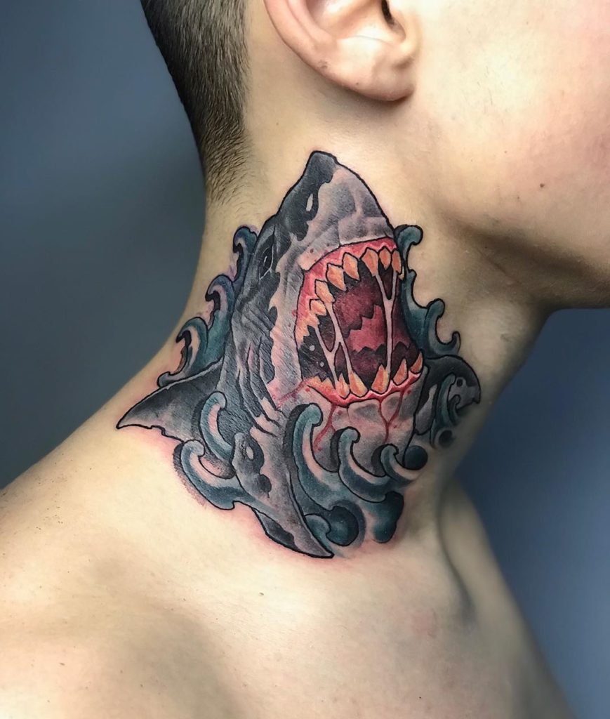 Animal Shark tattoo on Neck - Color style by Valentyn Furmaniuk