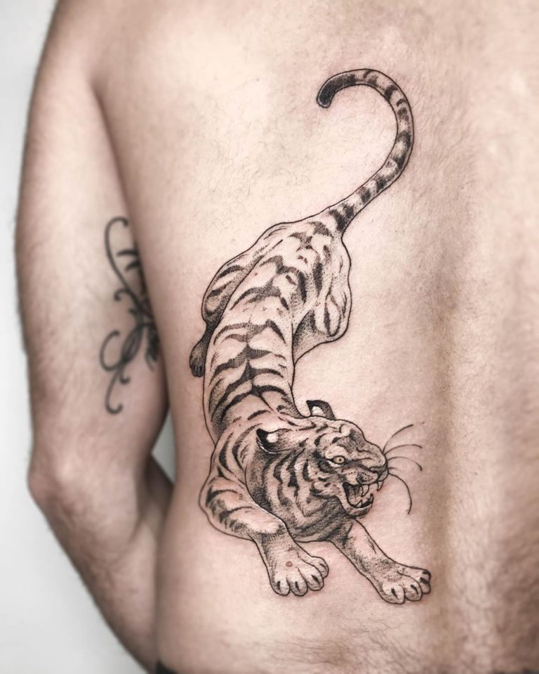 Animal Tiger tattoo on Back - Black and Grey style by Jana Väljak