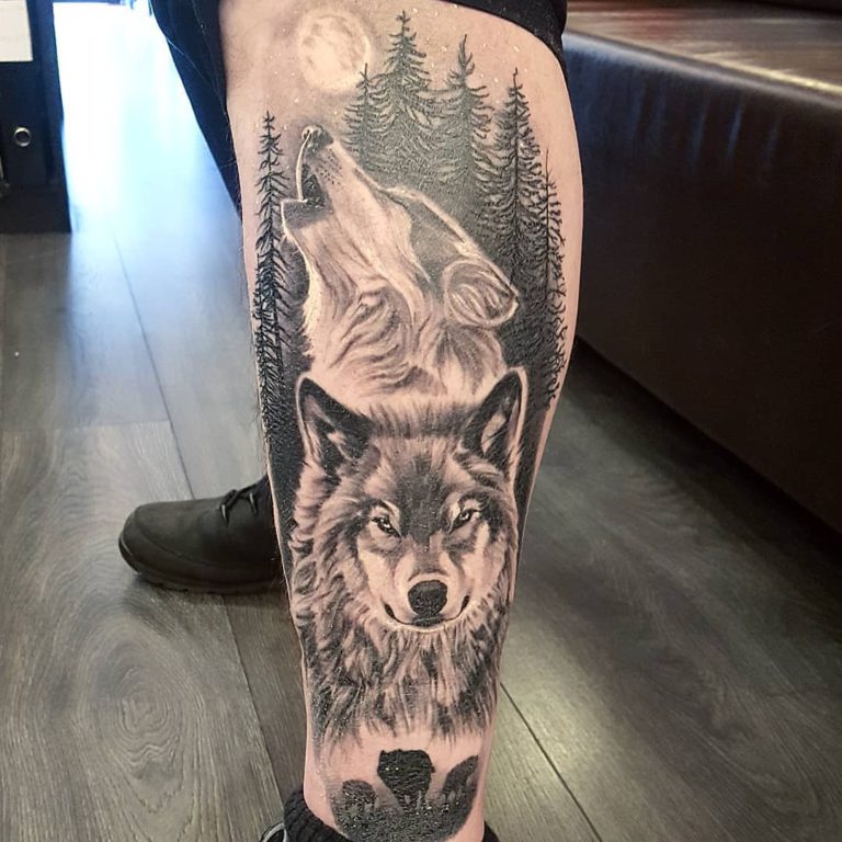 Animal Wolf Forest Moon tattoo on Calf - Black and Grey style by Viv Crogs