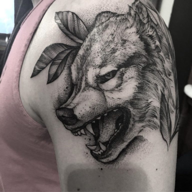 Animal Wolf tattoo on Arm (upper) - Black and Grey style by Jacob Kearney