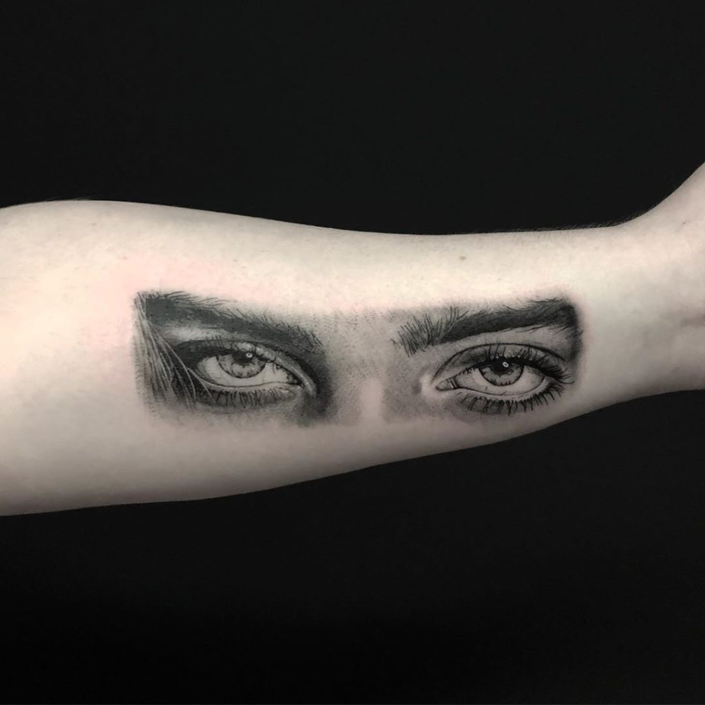 Billie Eilish eye tattoo on Forearm (inner) - Black and Grey style by Daysha Christmas