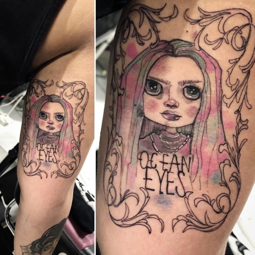 Billie Eilish portrait tattoo on Arm (inner) - Illustrative style by Miryam