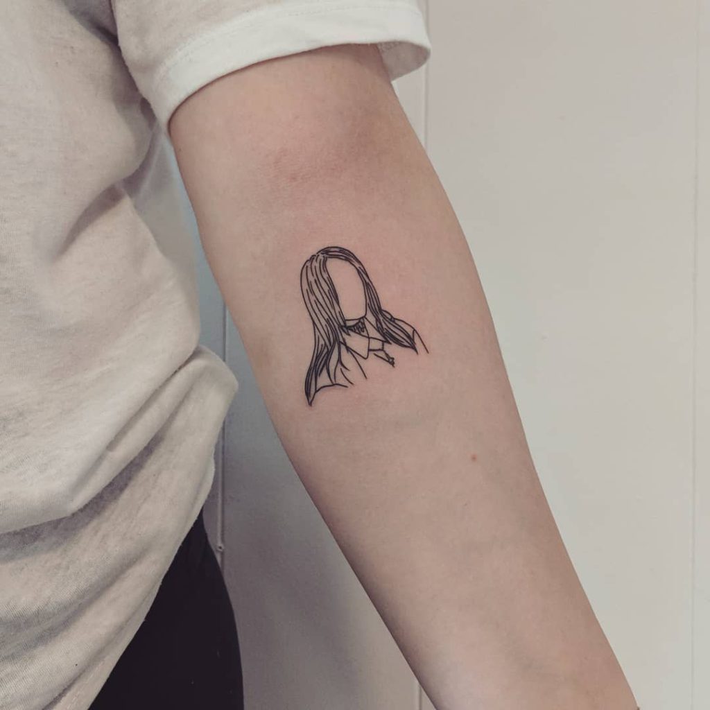 Billie Eilish portrait tattoo on Forearm (inner) - Blackwork style by Haley Gardiner