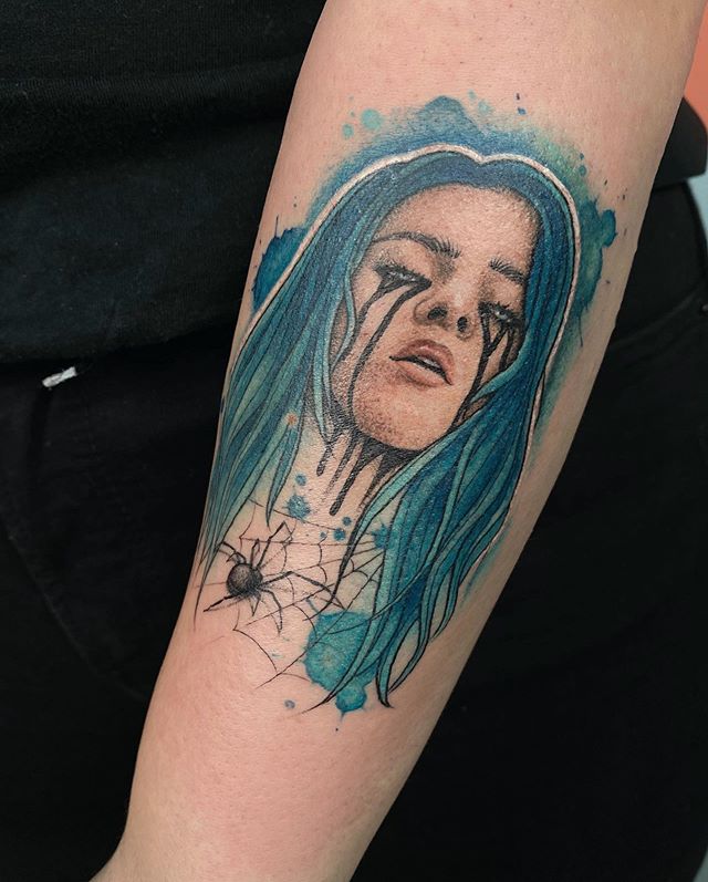 Billie Eilish portrait tattoo on Forearm (back) - Realism style by David Curieses