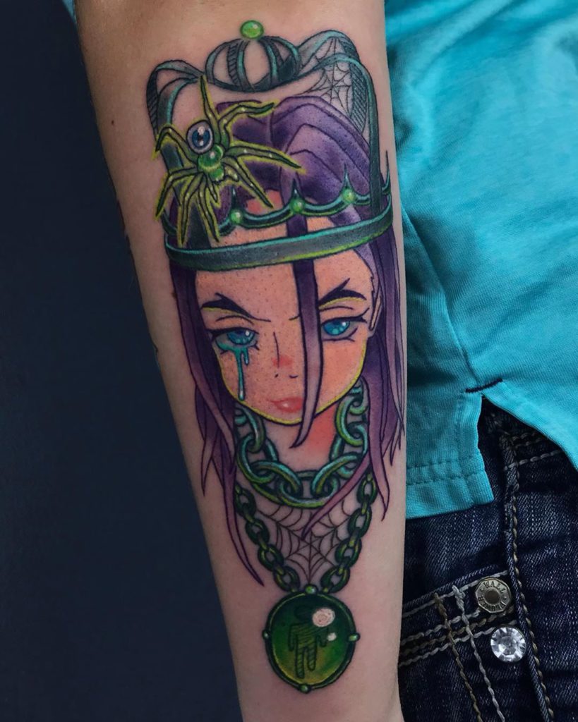 Billie Eilish portrait tattoo on Arm (upper) - Black and Grey style by David Thao