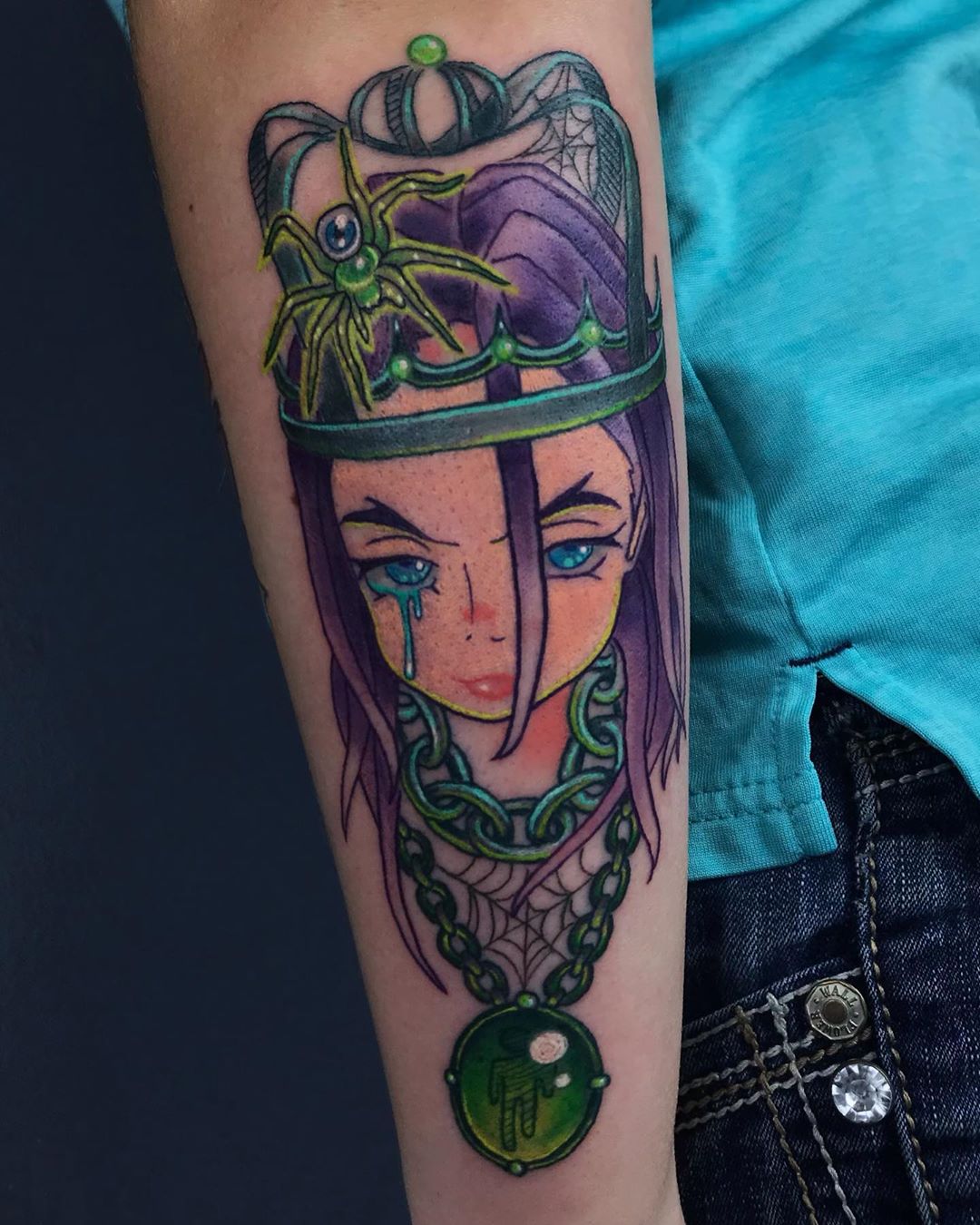 Billie Eilish portrait tattoo on Arm (upper) - Illustrative style by Kaitlin Butler