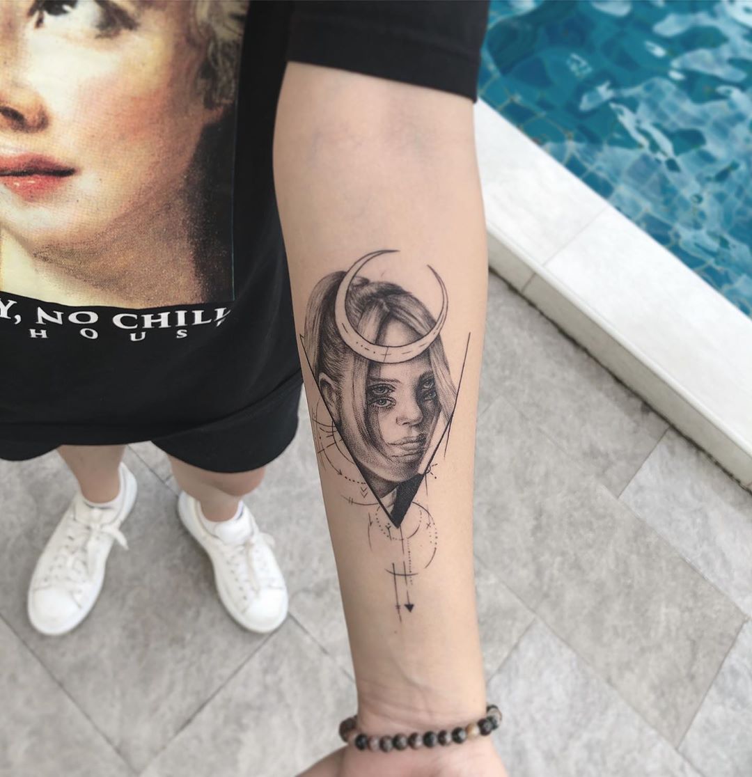 Billie Eilish song tattoo on Arm (upper) - Black and Grey style by Sammy Leigh