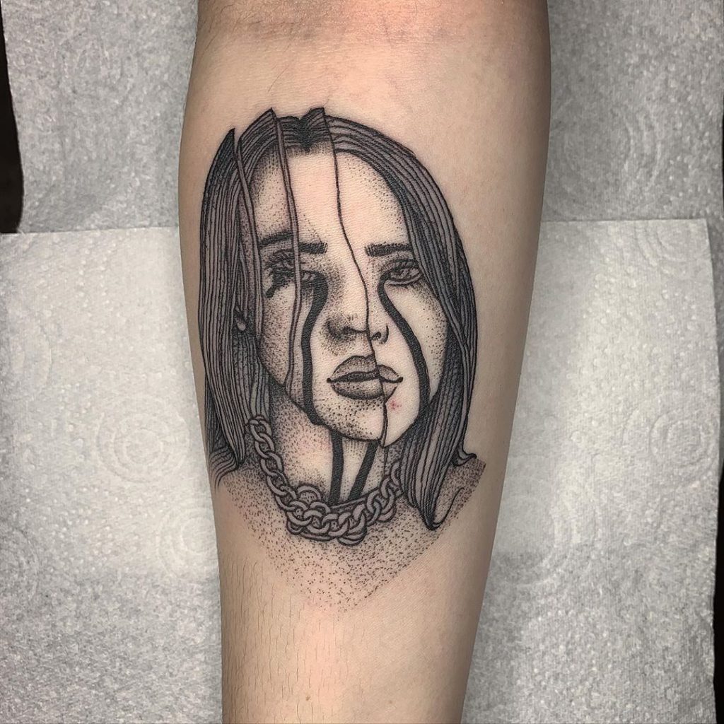 Billie Eilish portrait tattoo on Forearm (inner) - Dotwork style by Nguyễn Trang