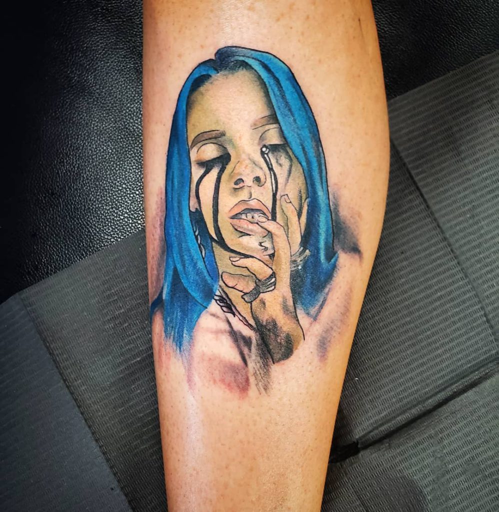 Billie Eilish portrait tattoo on Forearm (inner) - Color style by Judit Sabe