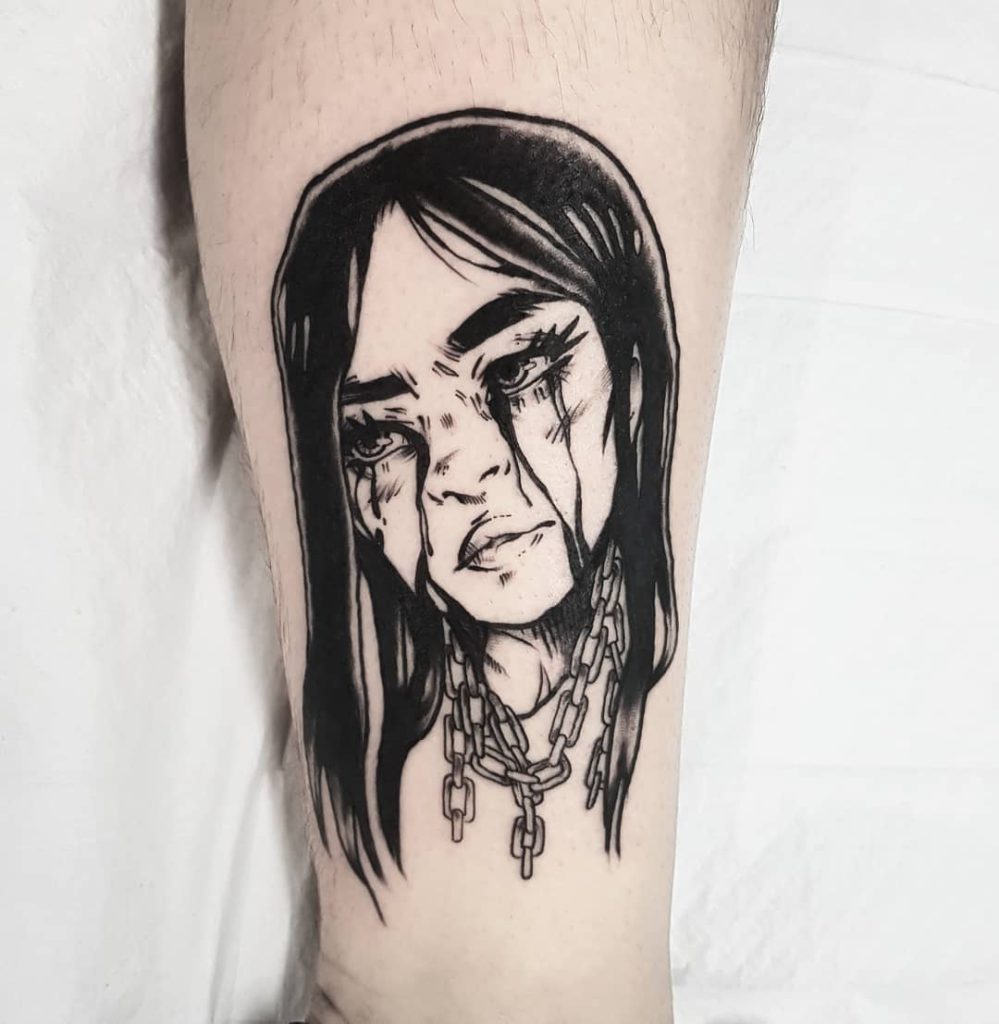 Billie Eilish portrait tattoo  - Blackwork style by Amber Schade