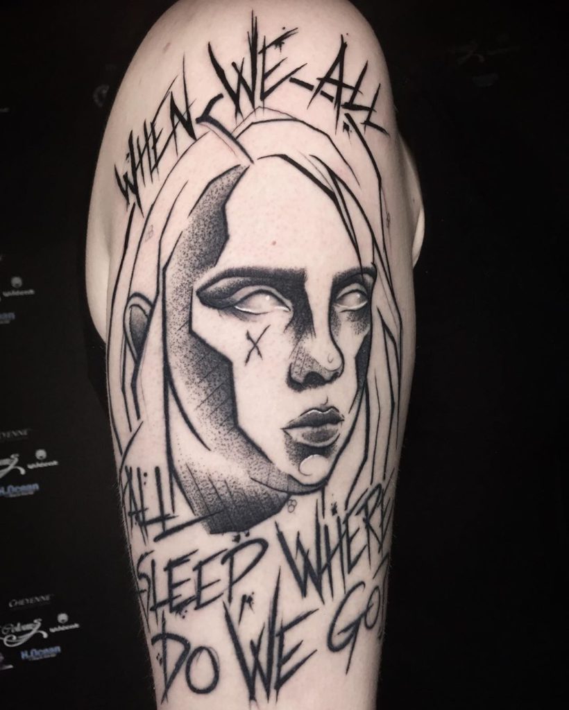 Billie Eilish portrait tattoo on Arm (upper) - Blackwork style by Lory