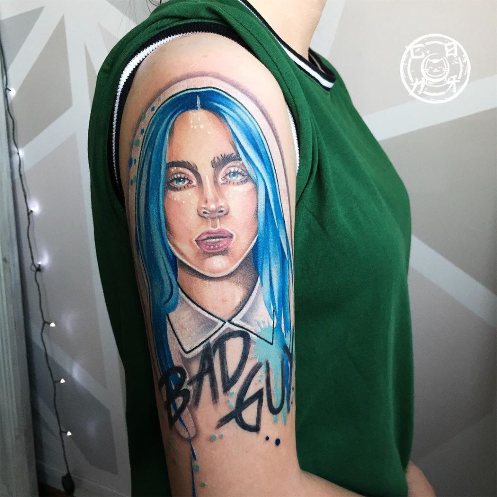 Billie Eilish portrait tattoo on Arm (upper) - Illustrative style by sonyakosmonavt