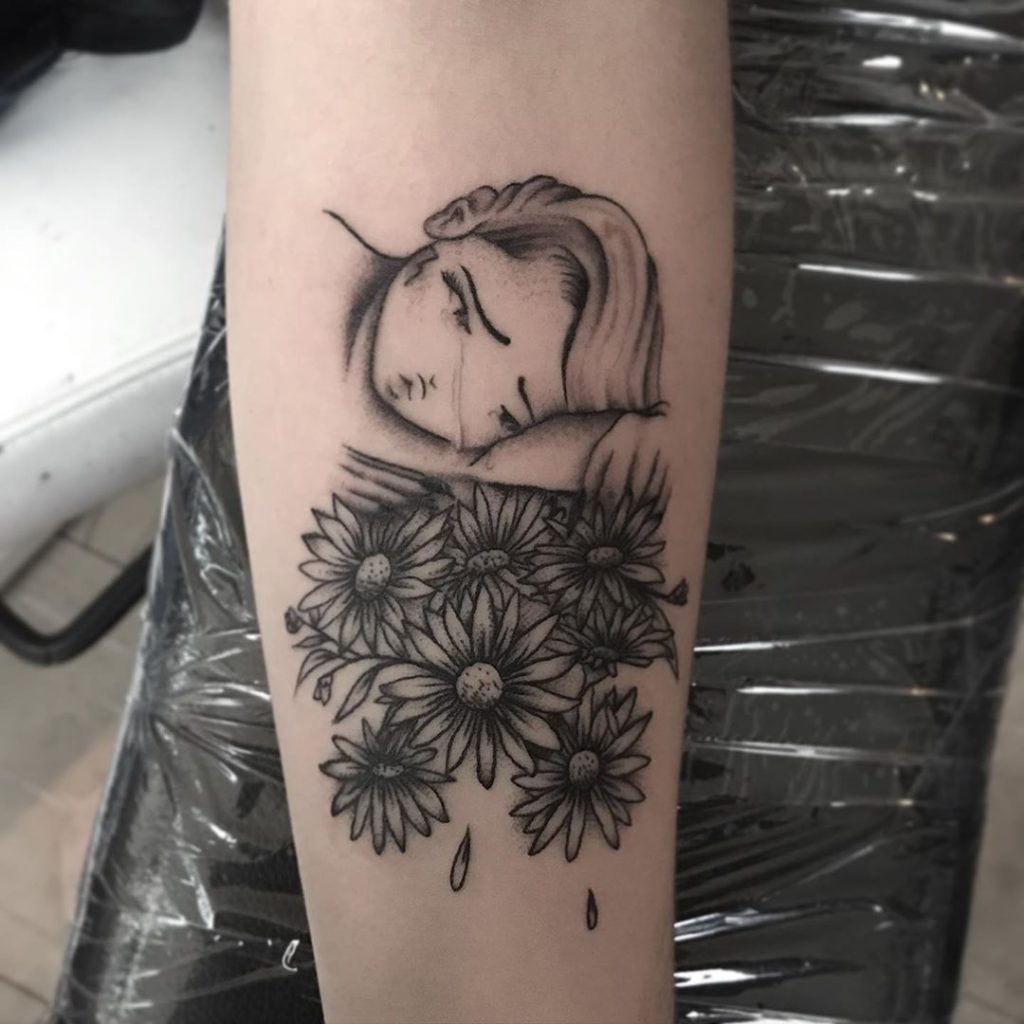 Billie Eilish portrait tattoo on Thigh - Black and Grey style by Georgina Rose