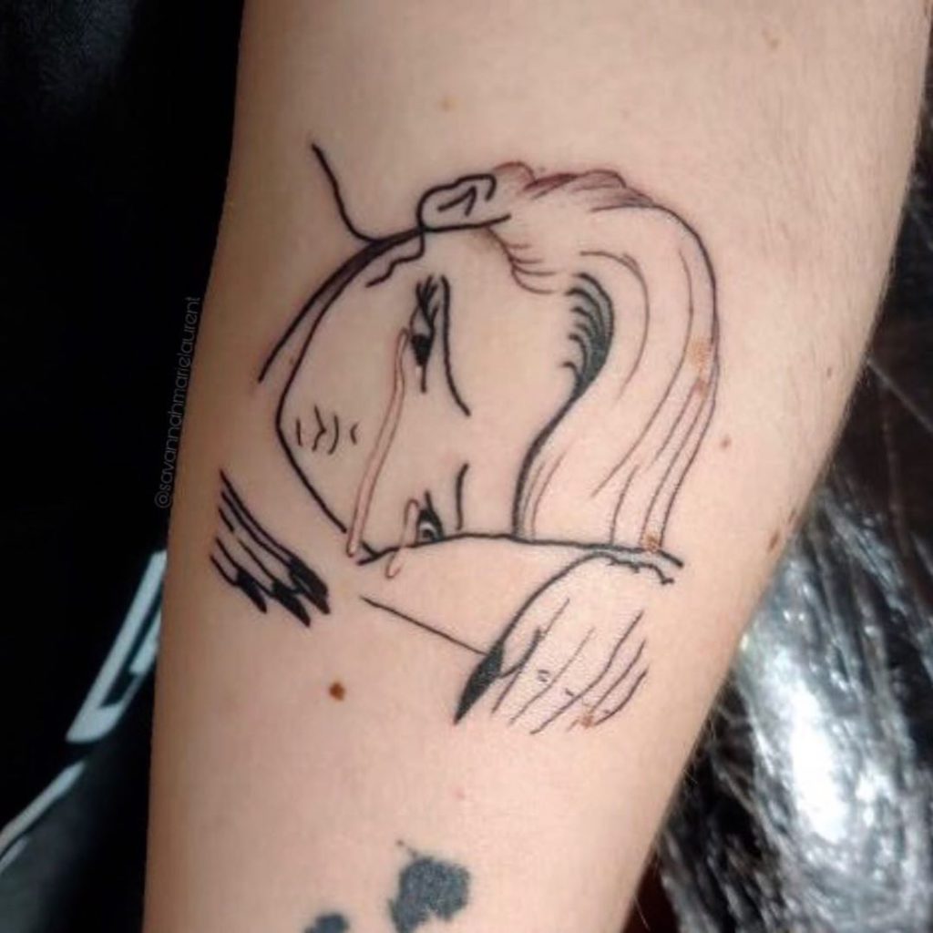 Billie Eilish portrait tattoo on Wrist (inner) - Blackwork style by Pedro Bars