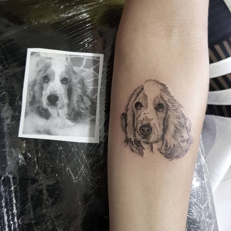 Dog tattoo on Forearm (inner) by Saulo Borges