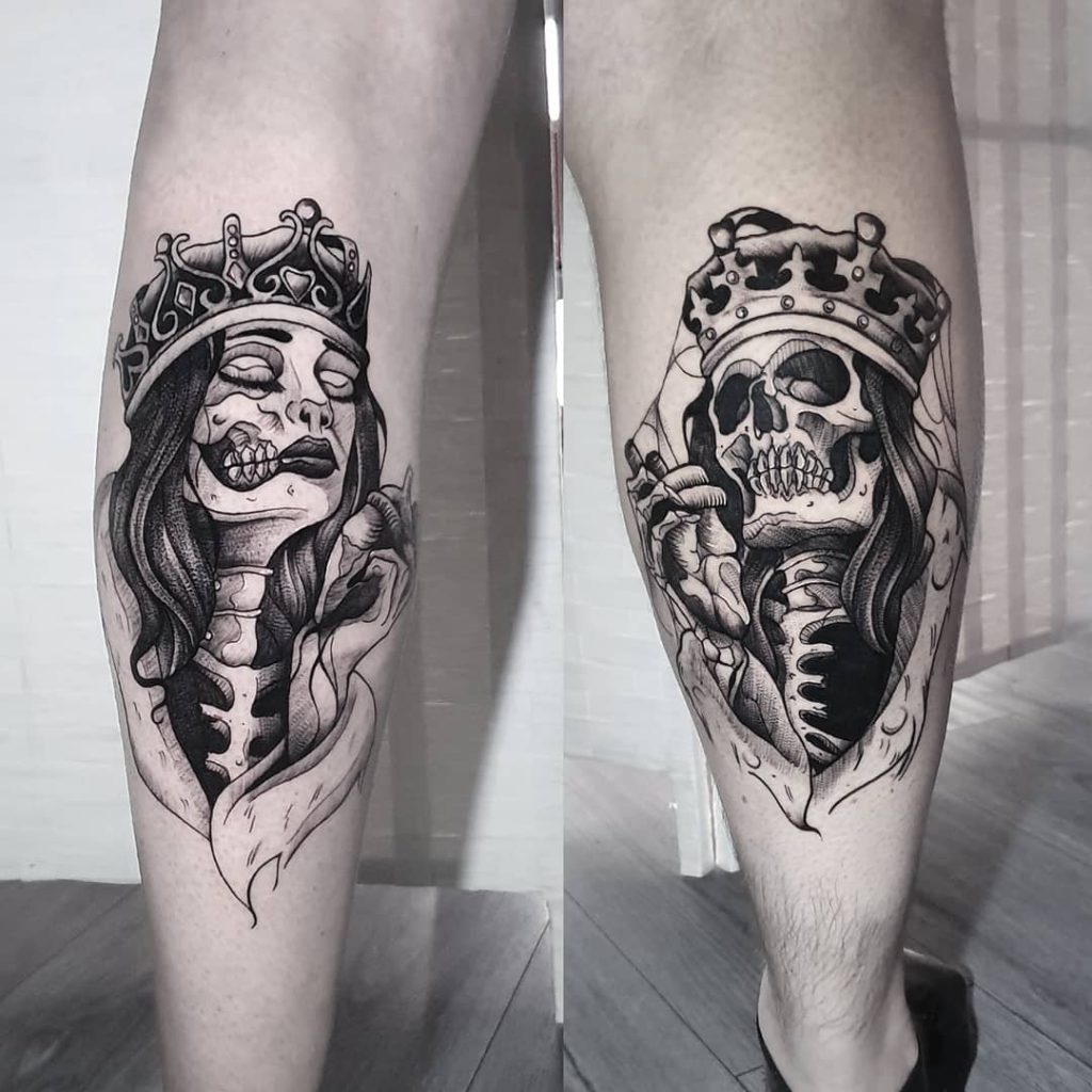 King & Queen tattoo on Calf by Ash Ryan