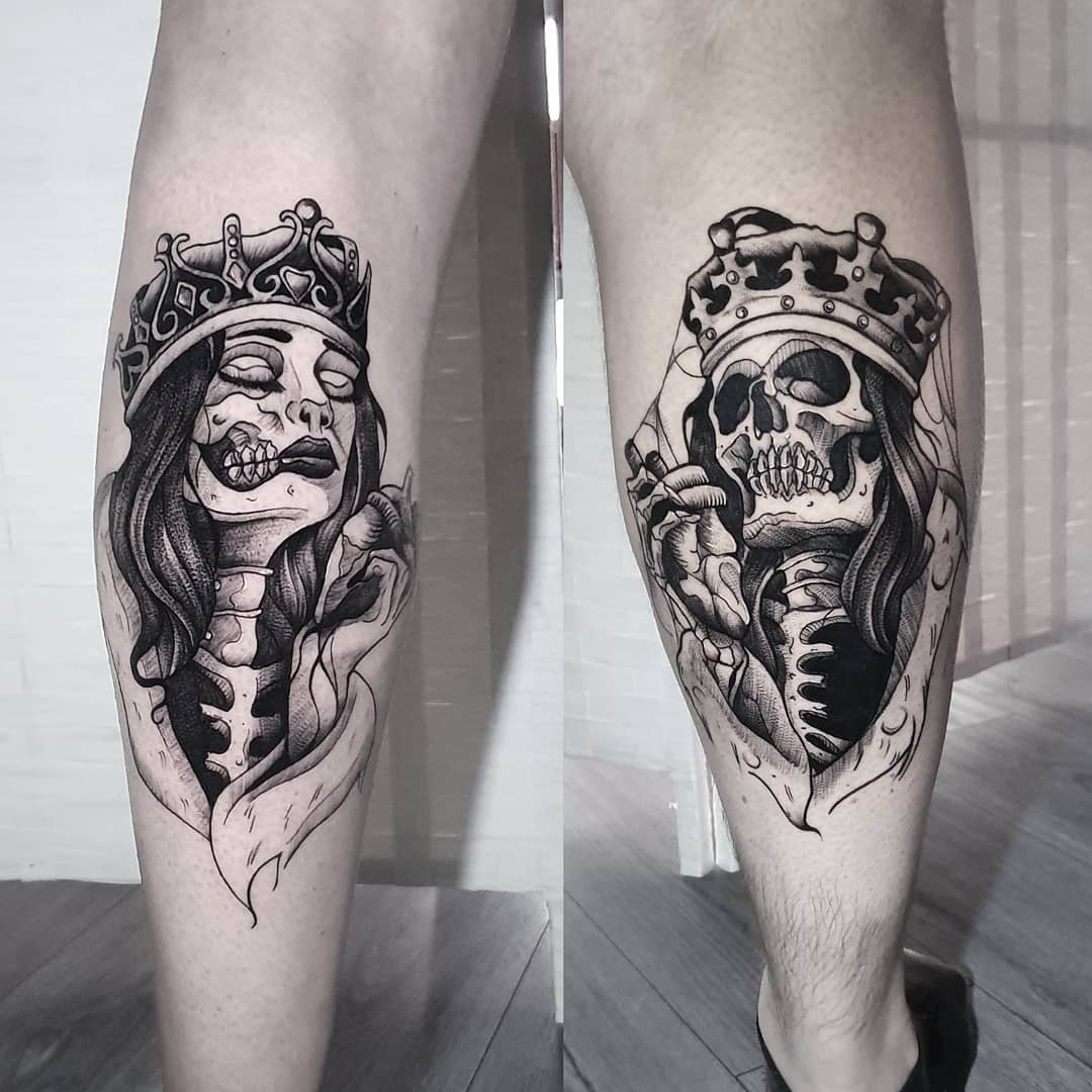 Queen And King Tattoo By Ash Ryan   King Queen King Queen Scull Tattoo 