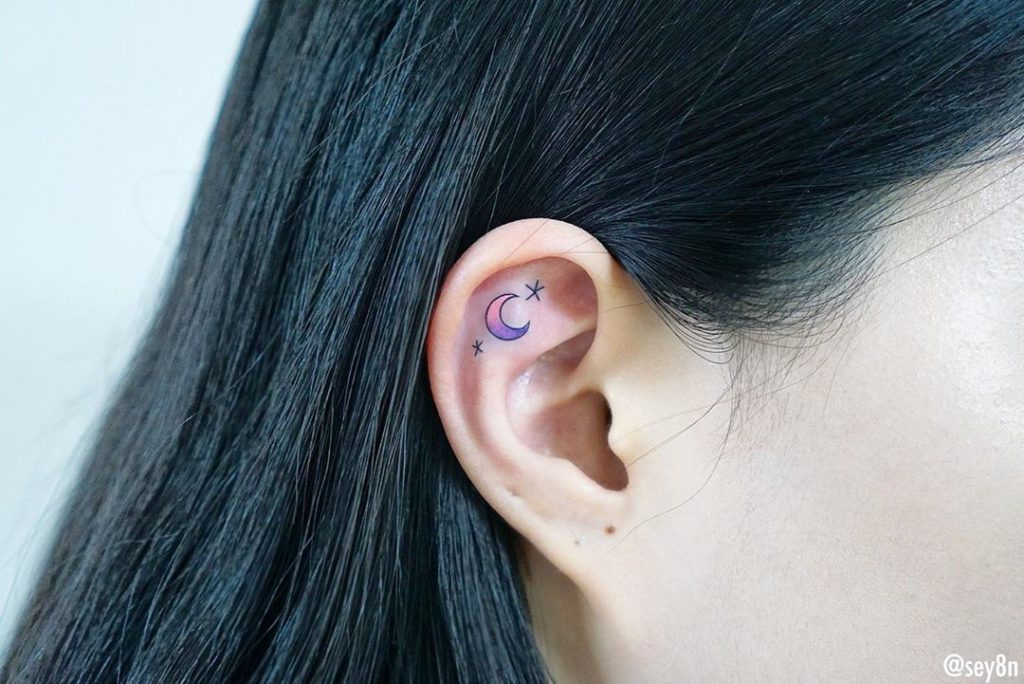 Moon Star tattoo on Ear by Seyoon
