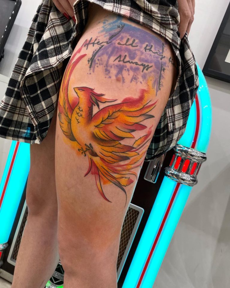 Phoenix bird fantasy  tattoo on Thigh - Color style by Cain Simmons🌿