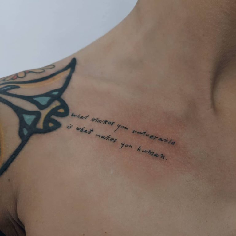Quote tattoo on Collarbone - Lettering style by Cynthia Omi