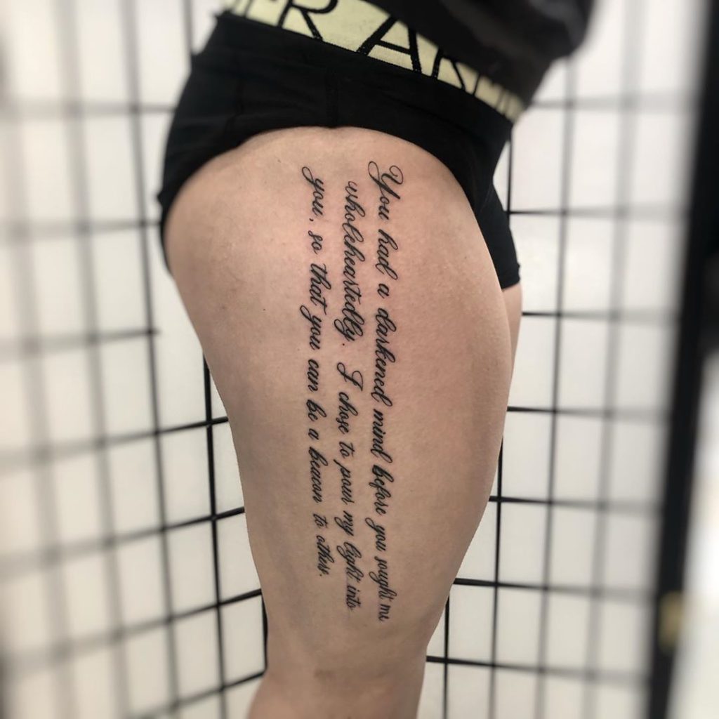 Thigh Tattoo with a Prayer Quote