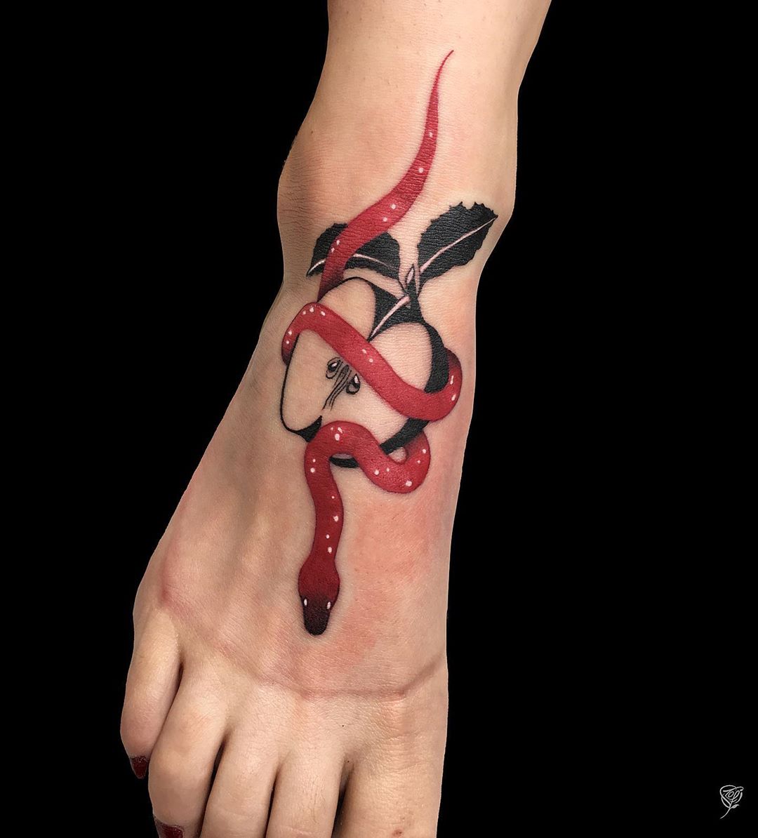 Snake an Apple Tattoo in Black and Red