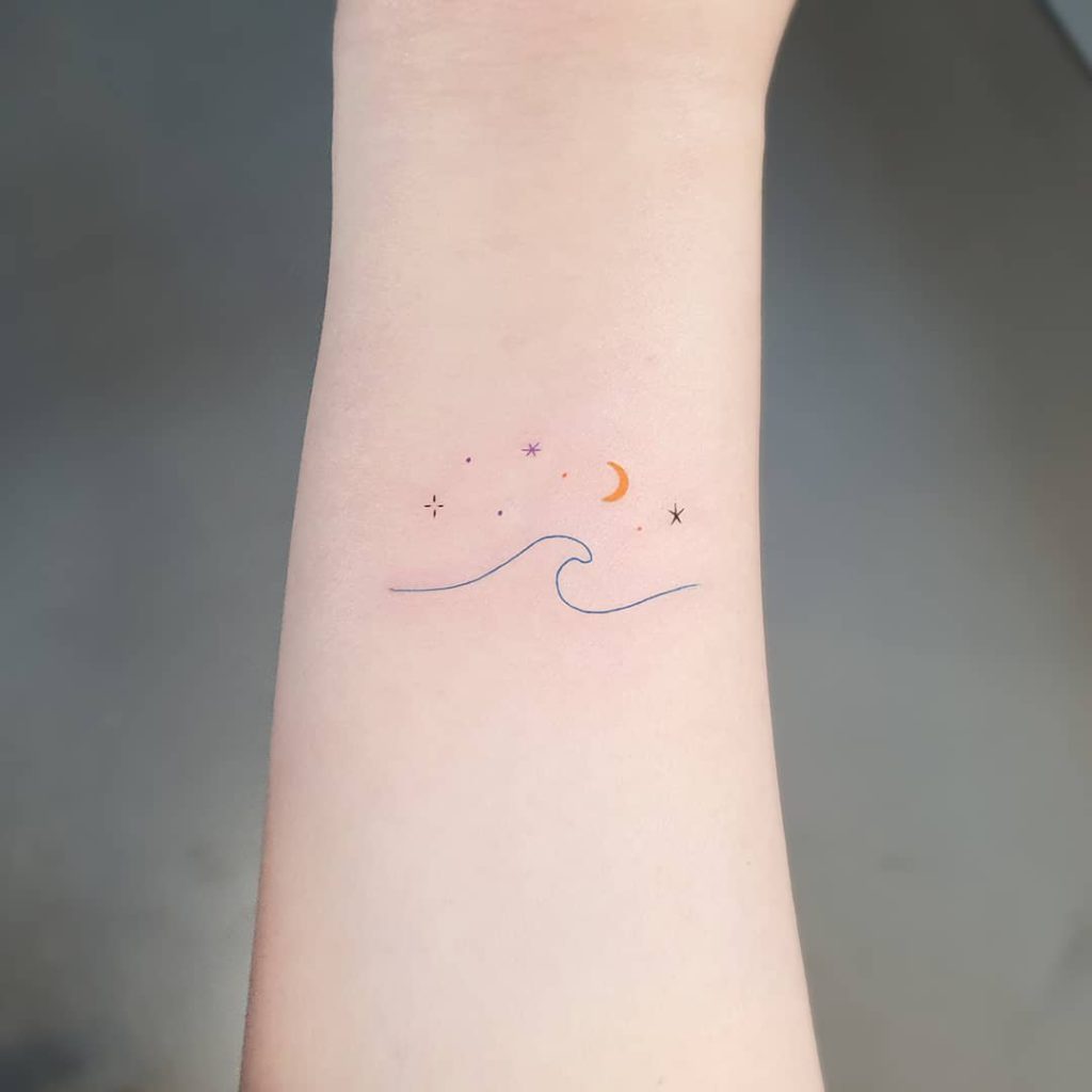 Wave and Moon tattoo on  - Fine Line style by tattoo_zitae