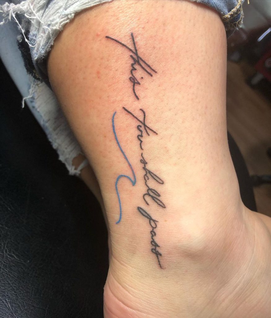 Wave and Quote tattoo on Ankle - Linework style by Jason Broadhead