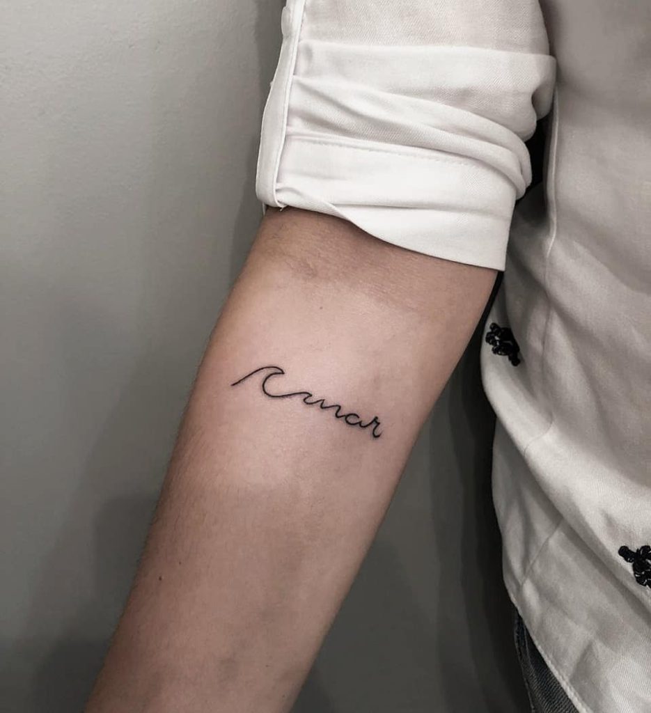Wave and Writing tattoo on Forearm (inner) - Linework style by Lize Schmidt