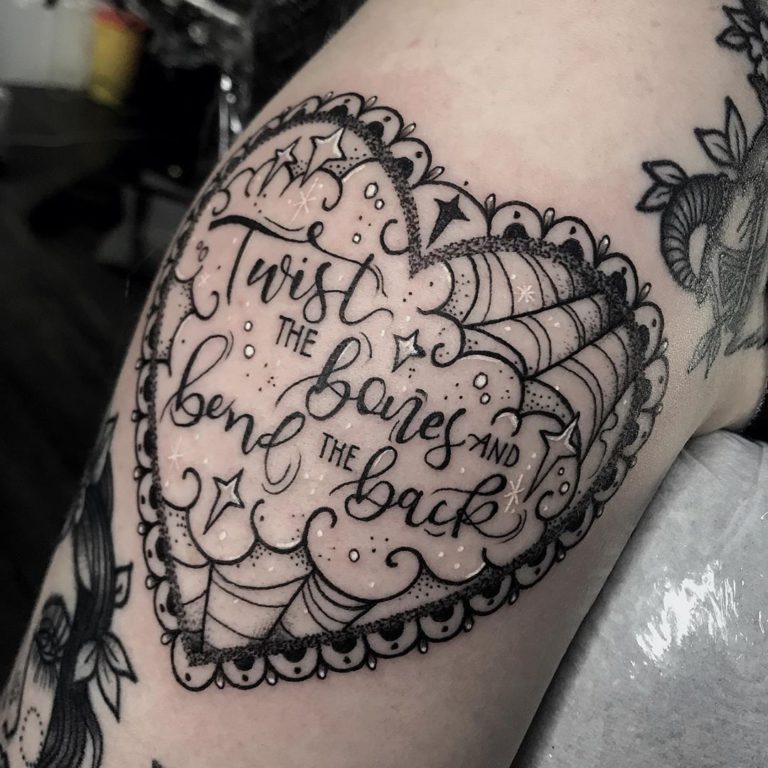 Witch Spell tattoo on Knee - Lettering style by Bethany Whitehead