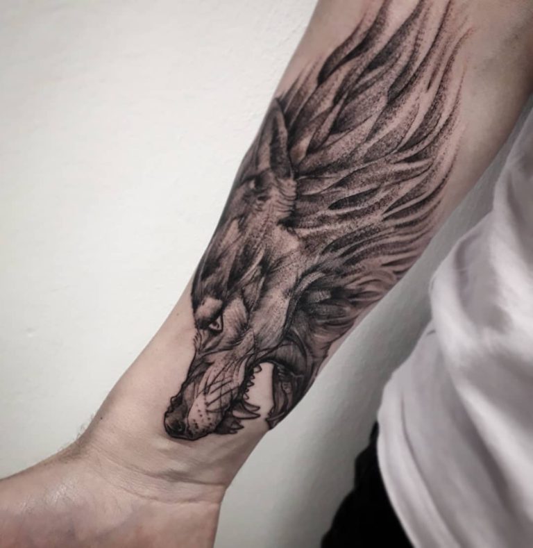 Wolf tattoo on Forearm (inner) by Rowes Binley