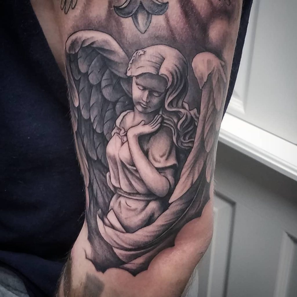 angel    tattoo on Arm (upper) - Black and Grey style by Robb Rao