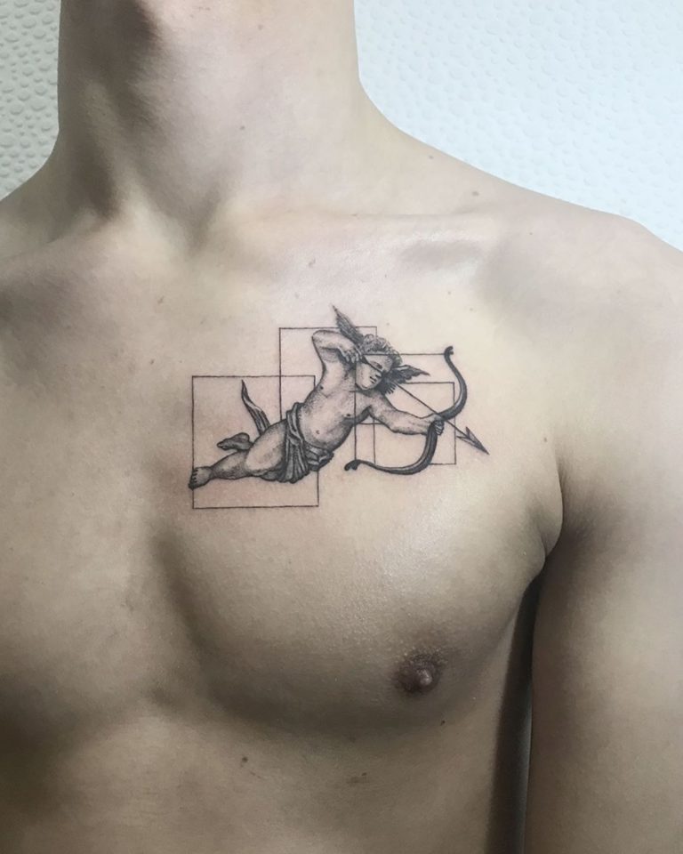 angel tattoo on chest - Fine Line style by Катя