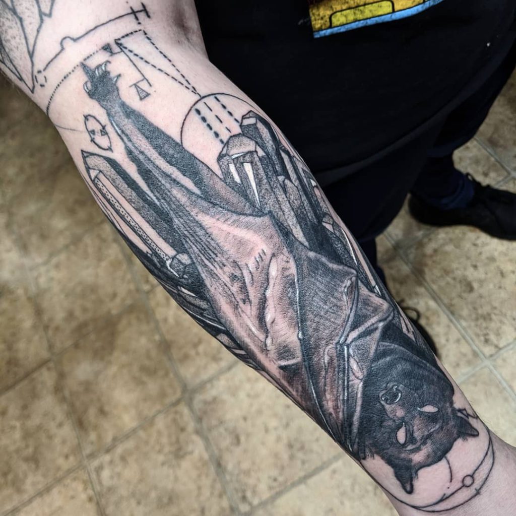 bat    tattoo on Forearm (back) - Black and Grey style by Adam Nagy Tattoos