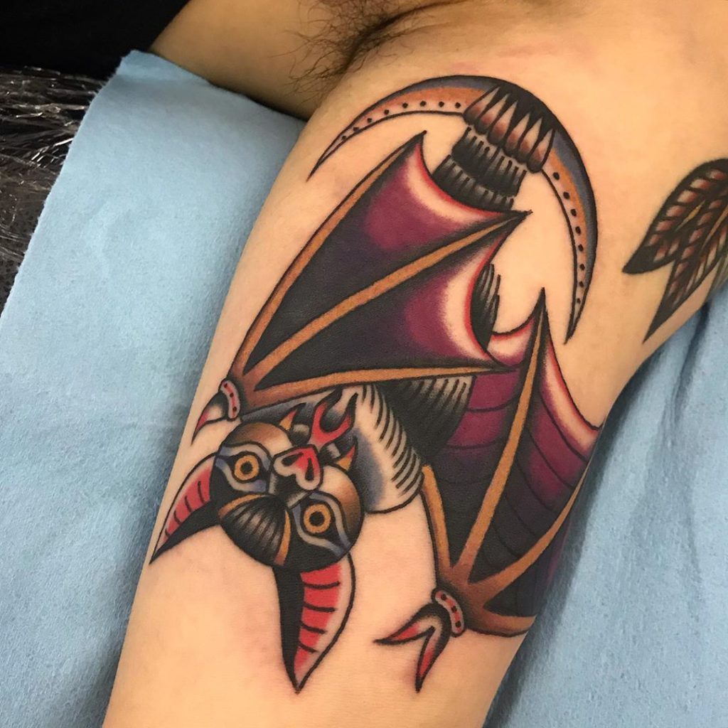 bat tattoo on Arm (inner) - Traditional style by andy_hopee_inkognito