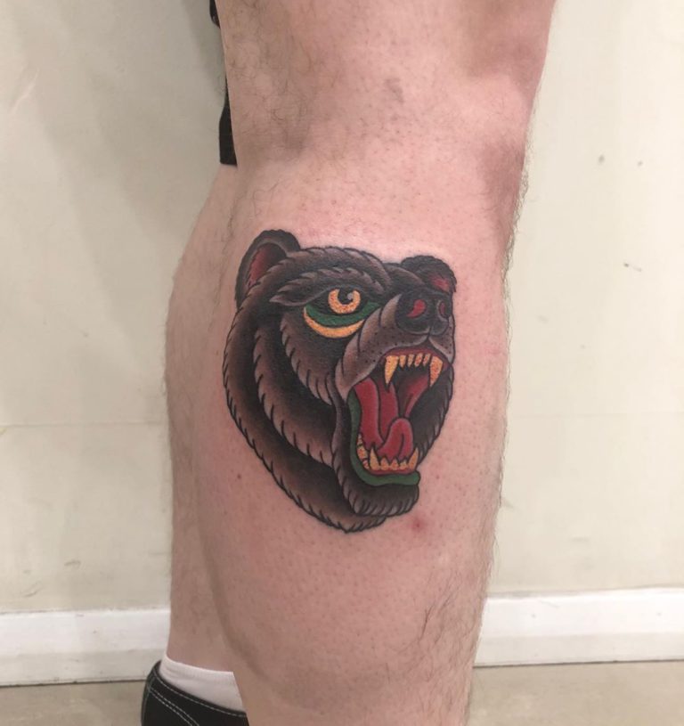 bear animal   tattoo on Calf - Neo Traditional style by Sid