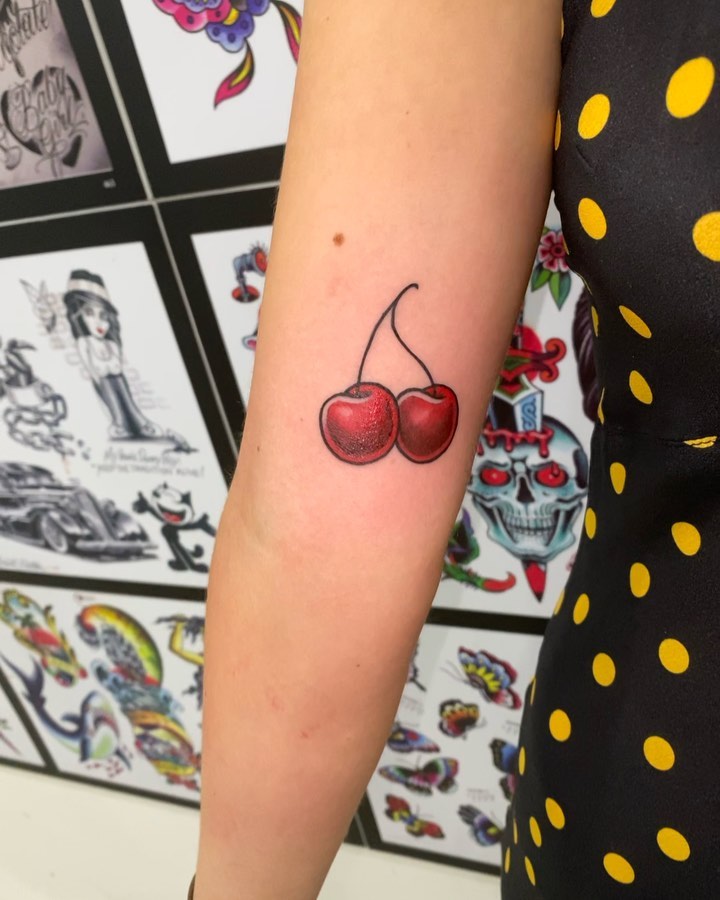 cherry fruit botanical  tattoo on Arm (inner) - Color style by Cain Simmons🌿