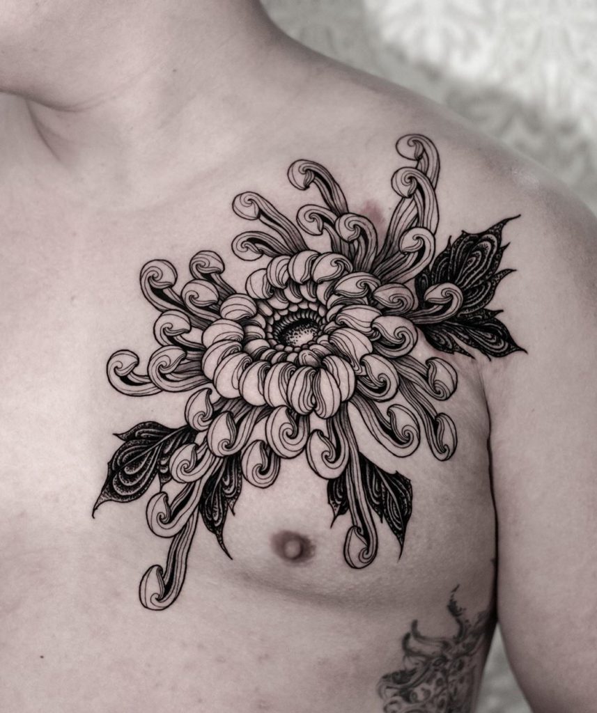 flower botanical Chrysanthemum scar tattoo on Chest - Blackwork style by Arang eleven