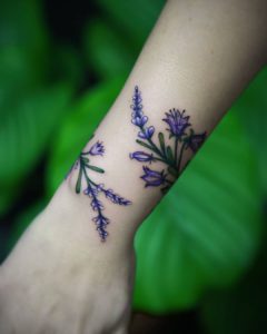 flower botanical lavender tattoo on Wrist (top) - Color style by Ewa Czub