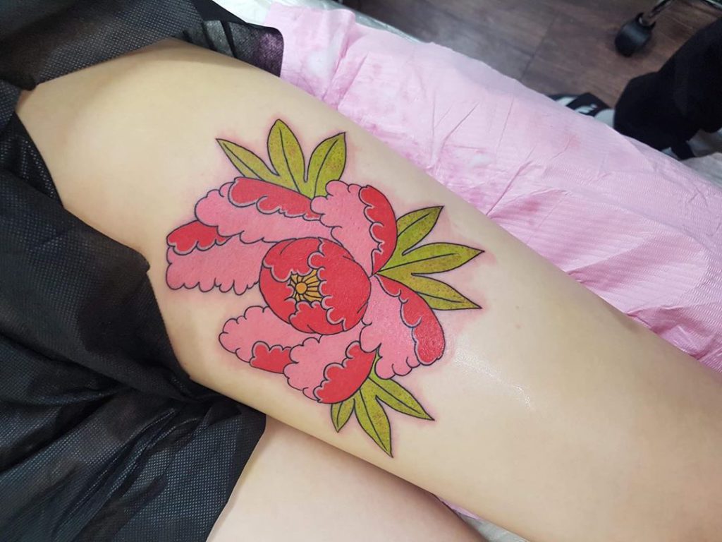 peony tattoo on Thigh - Japanese style by anhayung