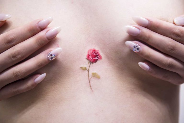flower botanical rose tattoo on Sternum - Fine Line style by arona_tattoo