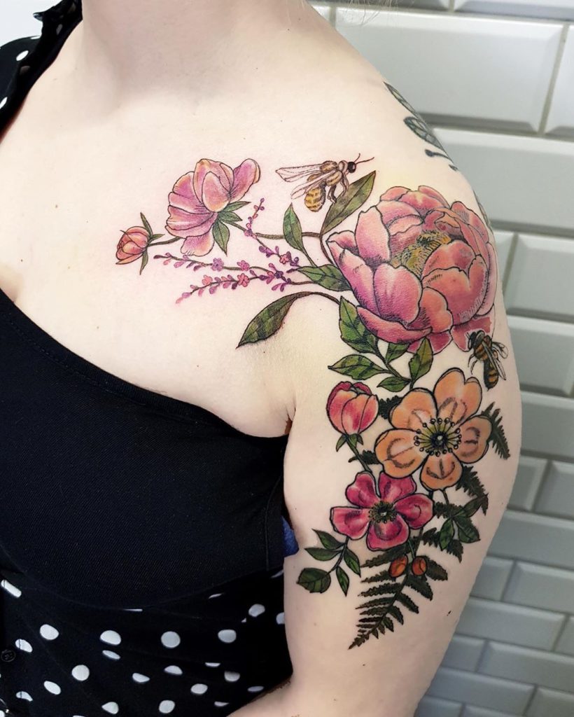 Flowers around a heart with pink splatter water color background tattoo  idea | TattoosAI
