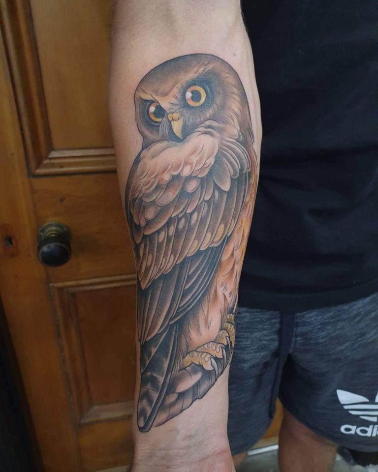 Forearm tattoo of an owl by Jay Shin.