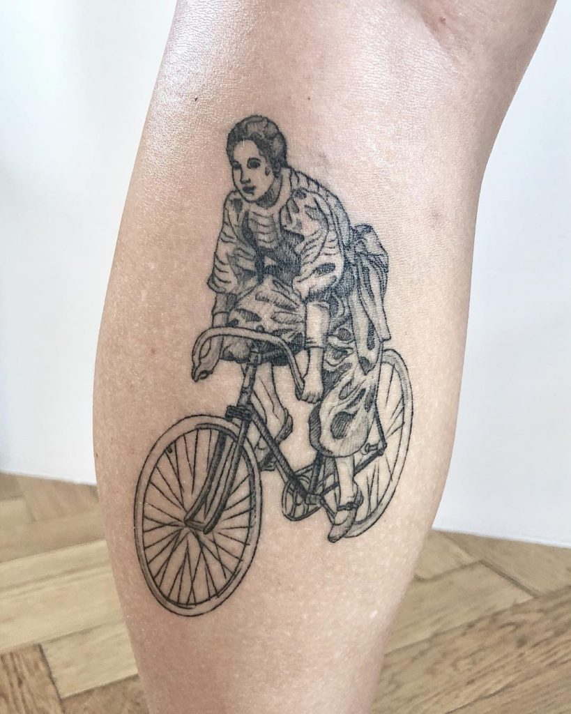 Bicycle tattoo on Calf by Mila Delacroix